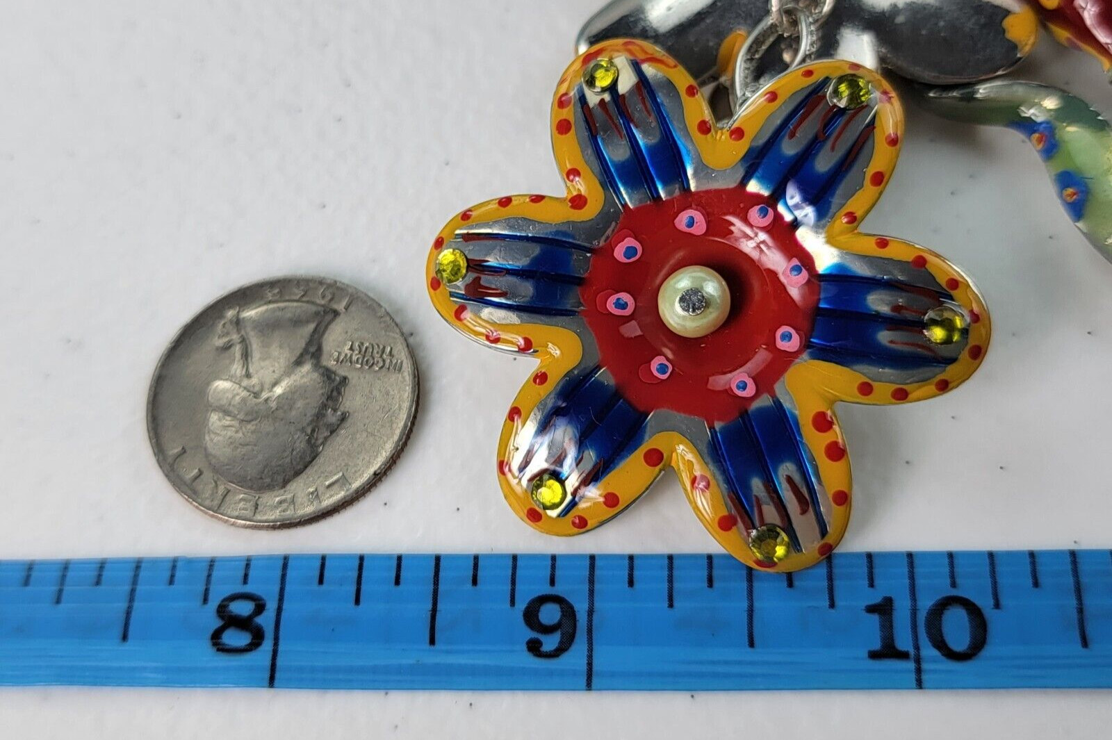 Multicolor Flowers Dangle Charm Necklace 21″ Silver-Tone Mixed-Materials Enamel