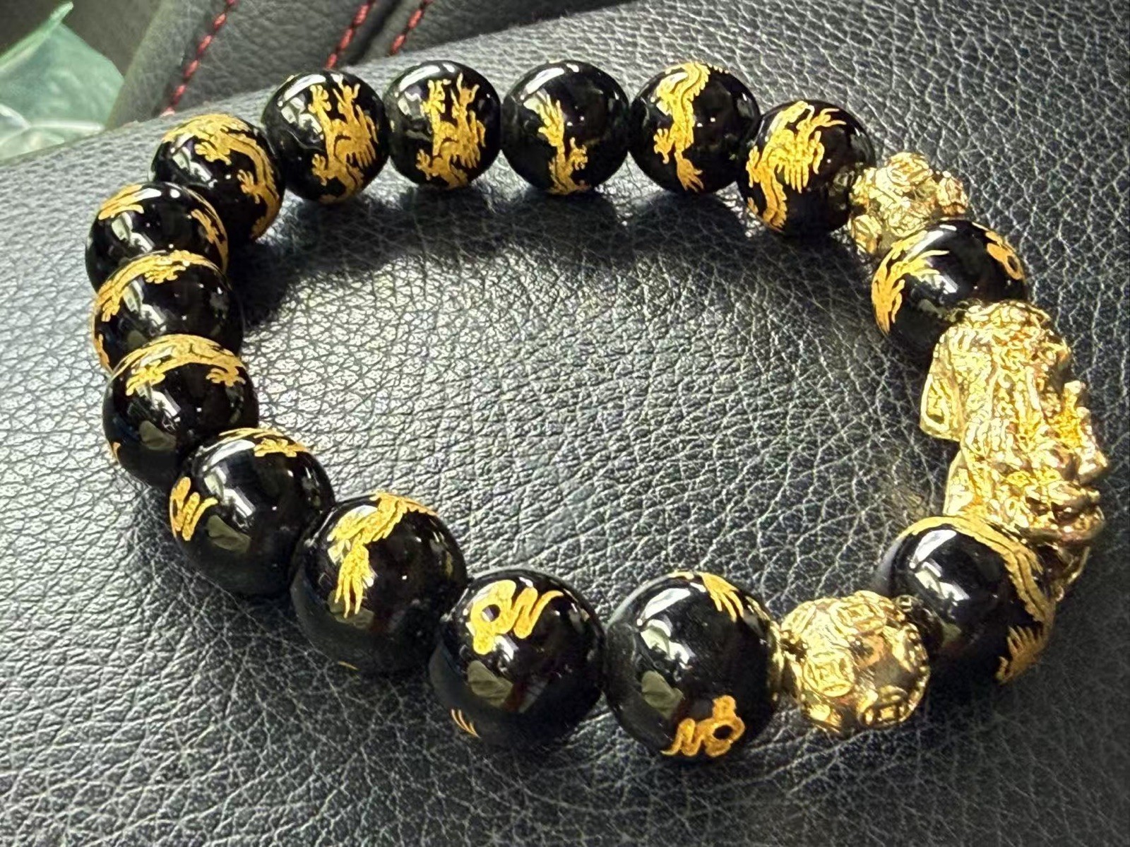 Feng Shui Genuine Obsidian Stone Beads Bracelet Gold Black Pi Xiu