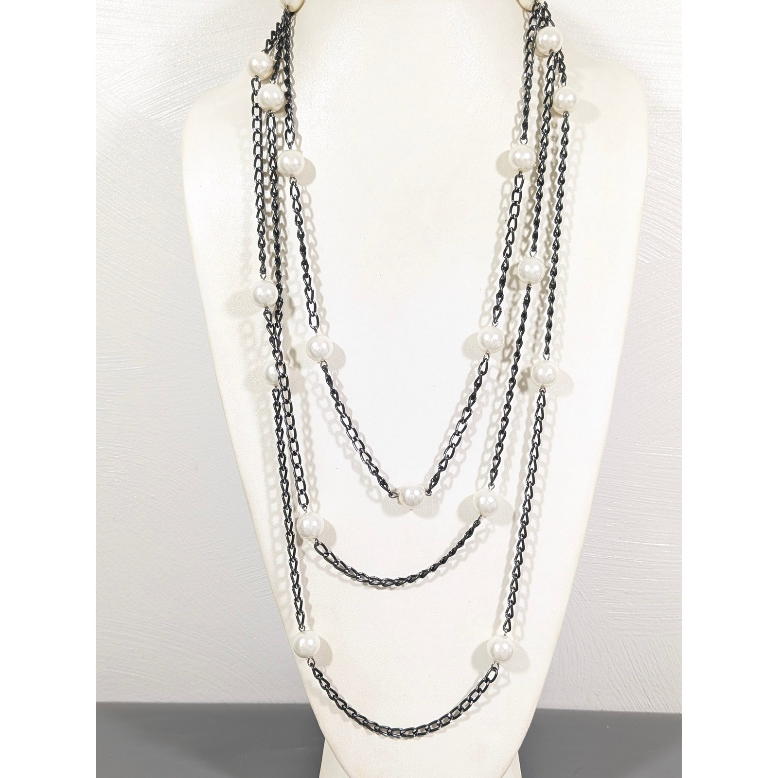 Gunmetal Gray Multi Chain Faux Pearl Station Necklace Layered Long 31in