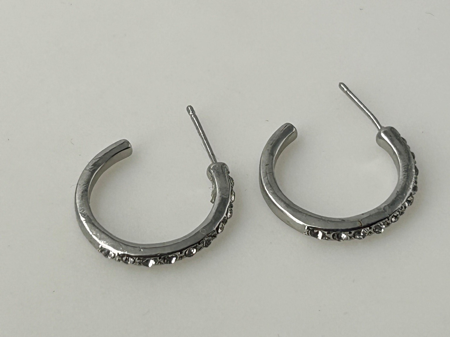Silver Tone Rhinestone Pave Small Open Hoop Stud Earrings