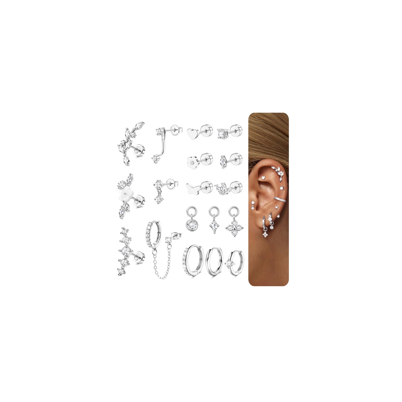 18 PCS Single Cartilage Varies (0.8mm, 6mm, 8mm, 10mm, 12mm, 5mm), Silver