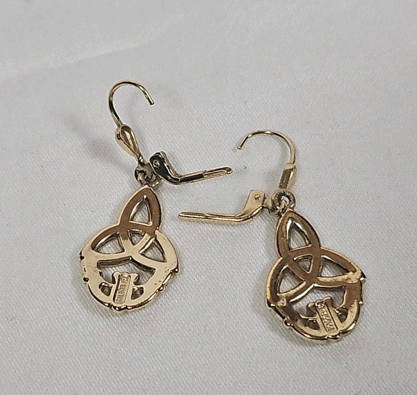Triquetra Claddagh Earrings Celtic Dangle Drops Pierced Gold tone Signed Soldor