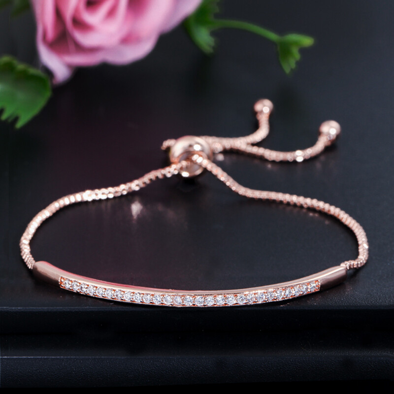 Shiny Cubic Zircon Micro Paved Gold Plated Slim Adjustable Bangle Bracelet Women