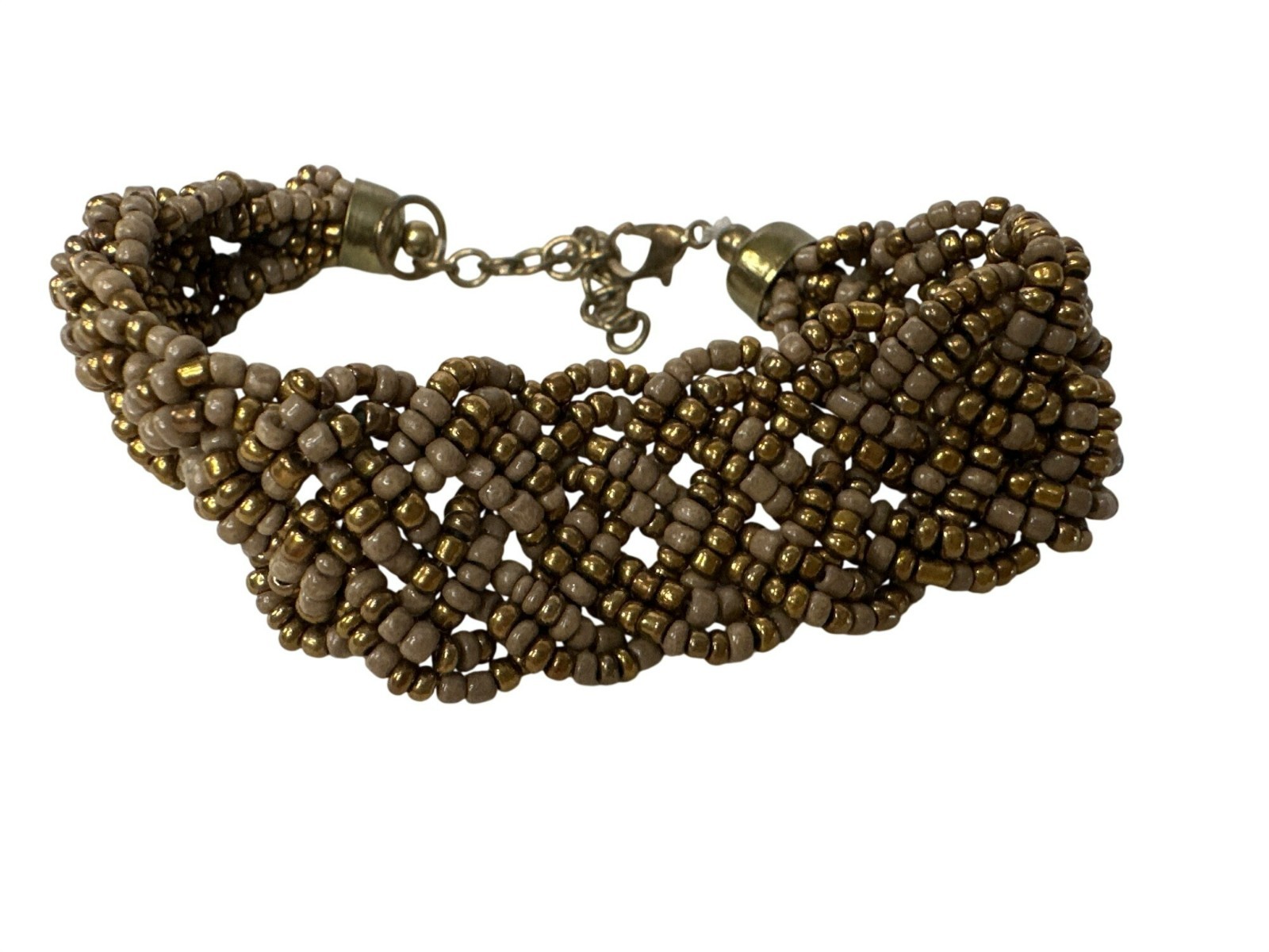 Braided Beaded Bracelet Gold & Taupe Seed Beads Handmade Jewelry 9 Inches