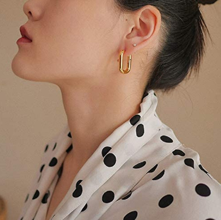 Women 925 Sterling Silver Gold Plated U-Shape Huggie Hoop Earrings 23mm E9