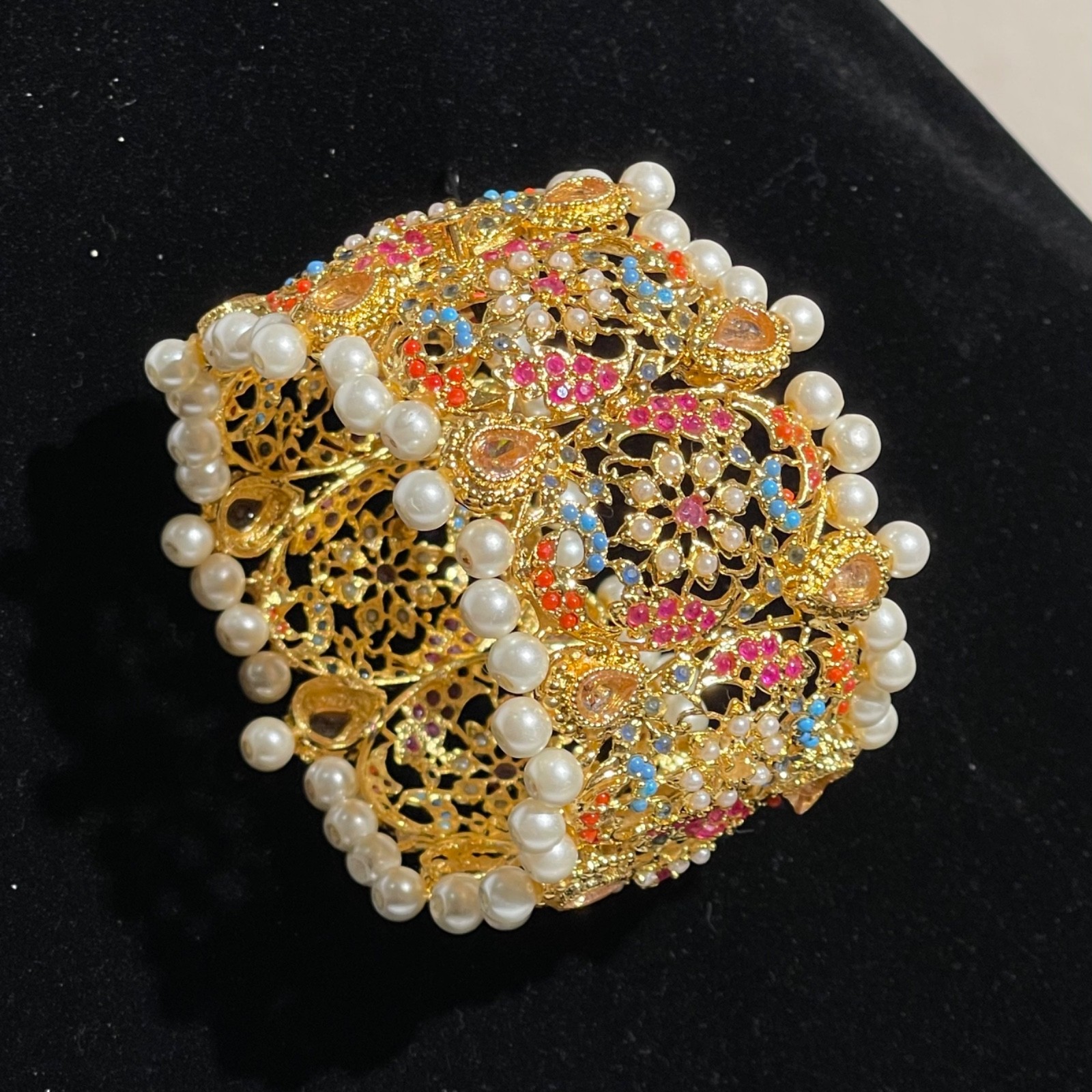 Jadau Hyderabadi Navratan Multicolor Stone Pearl Cuff Bangle Bracelet Indian