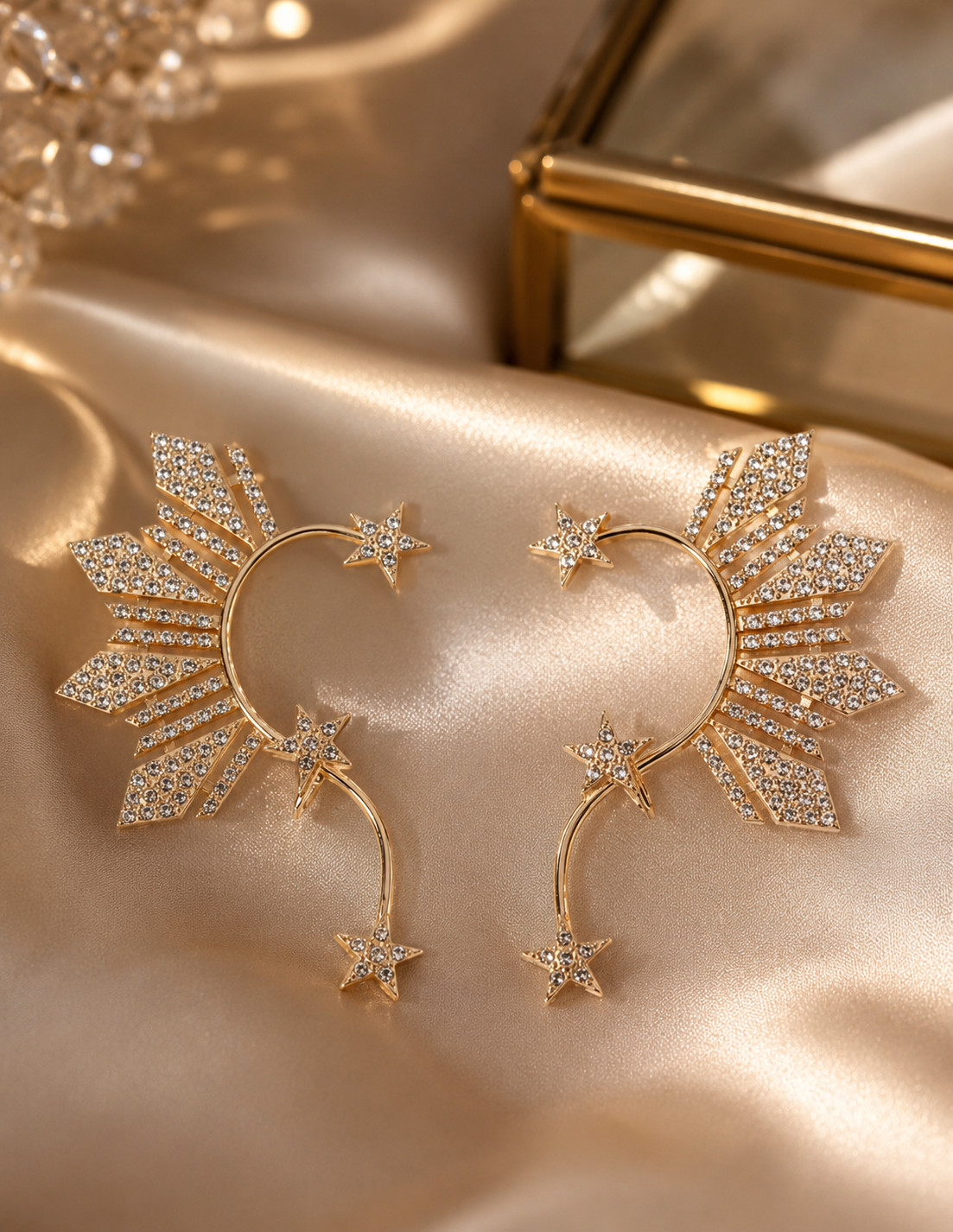 Gold Crystal Ear Cuff Earrings Star Rhinestone Bridal Ear Wrap Wedding Jewelry