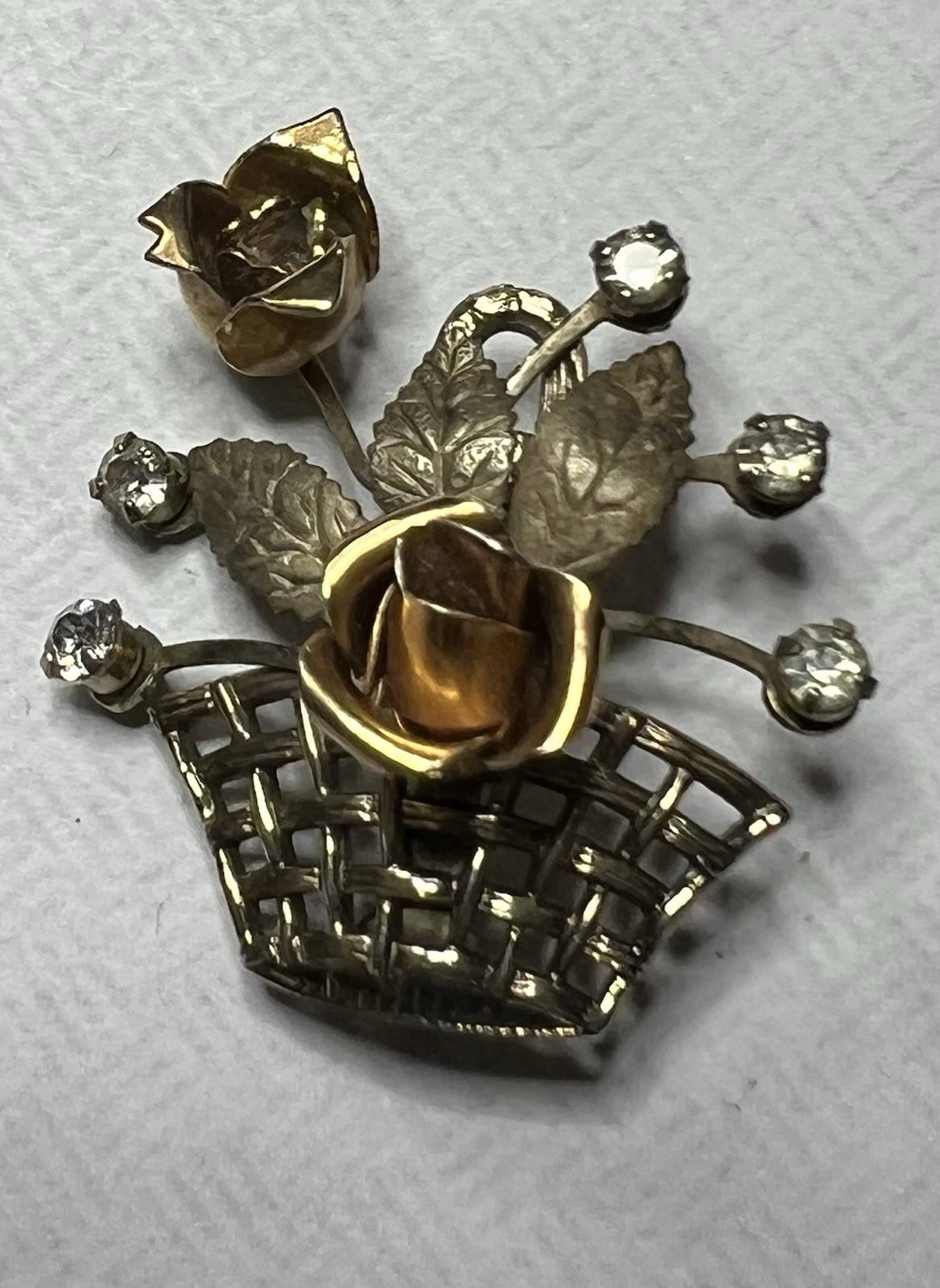 Vintage age Two-Tone Gold/Silver Flower Basket Brooch Pin Clear Rhinestones