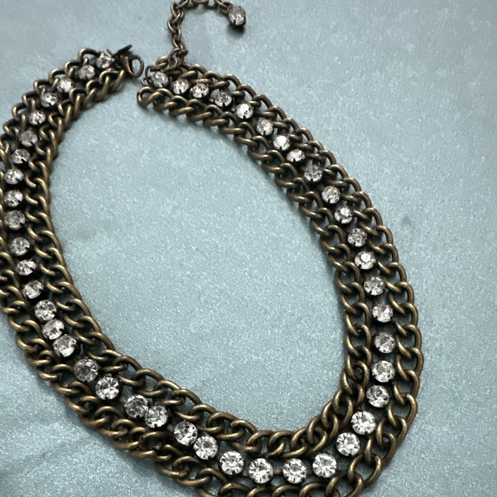 Antique Gold Tone Curb Link Chain Necklace w Crystal Rhinestones, Adjustable
