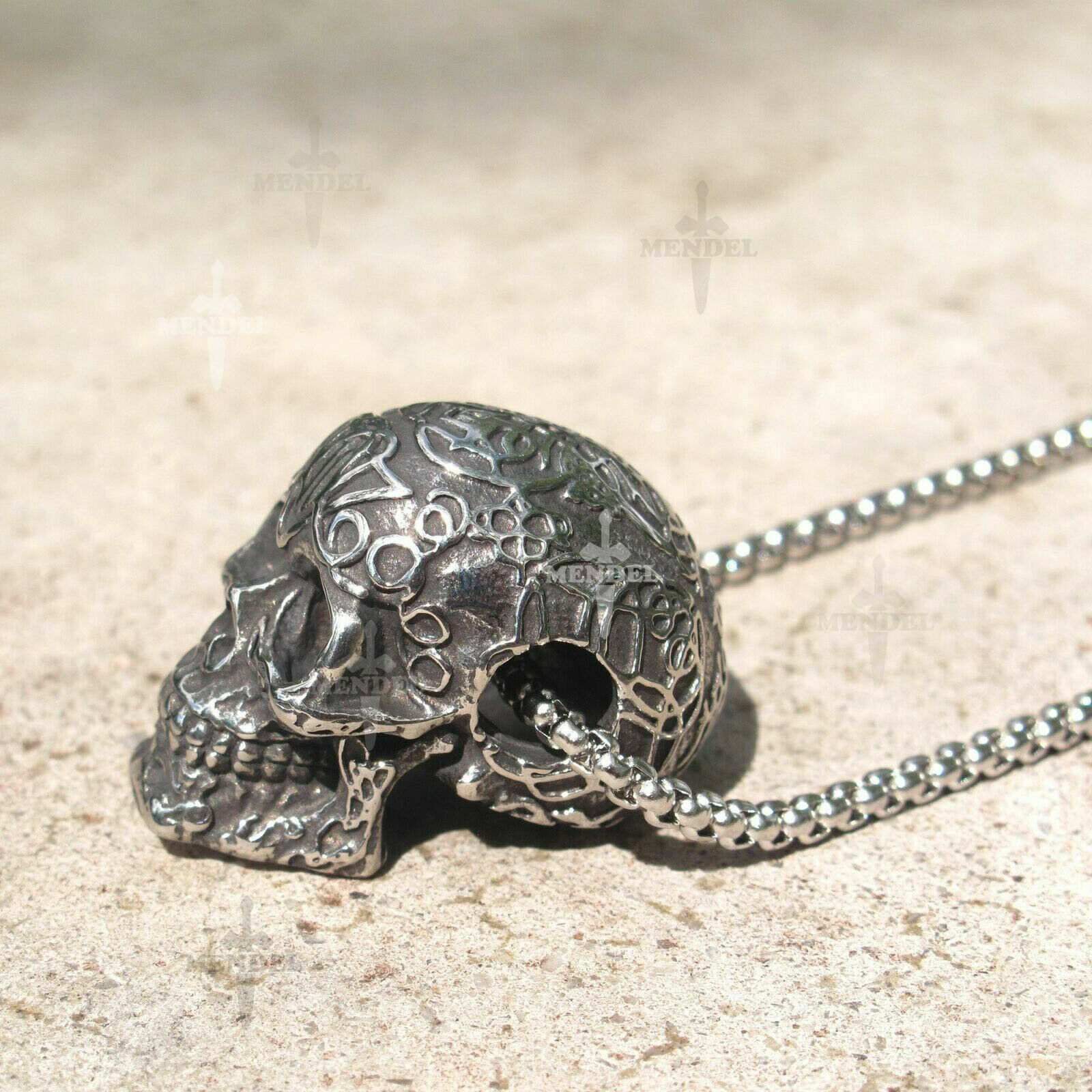 MENDEL Gothic Mens Biker Skull Pendant Necklace Men Stainless Steel Chain Silver