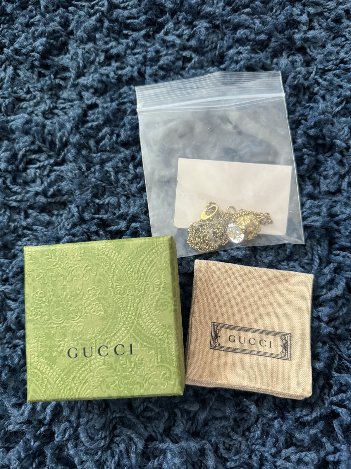 Gucci Lion Head Crystal Pendant Necklace Gold Plated 23.6in Chain Unisex