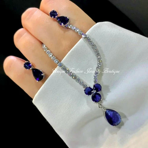 18k White Gold Filled Purple Amethyst Tennis Necklace Earrings Set Elegant Gift