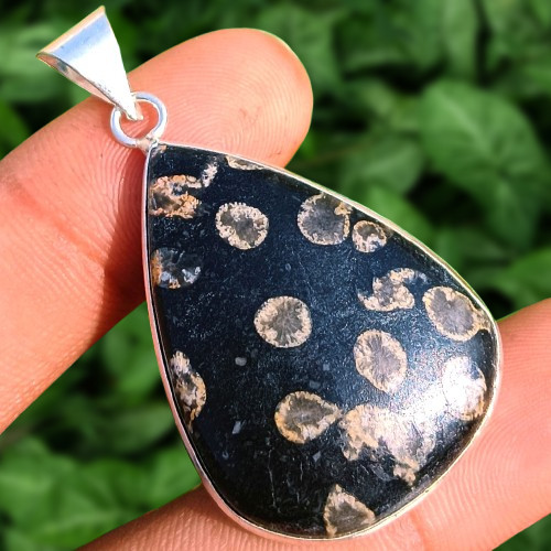 Black Fossil Coral Gemstone Pendant 925 Sterling Silver Plated Jewelry 40*20.4mm