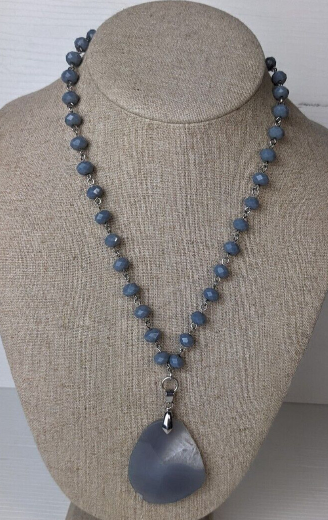 grey stone pendant beaded necklace 20″ length