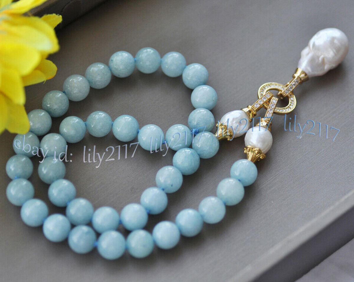 Natural Blue Aquamarine Gems Beaded White Keshi Baroque Pearl Pendant Necklace