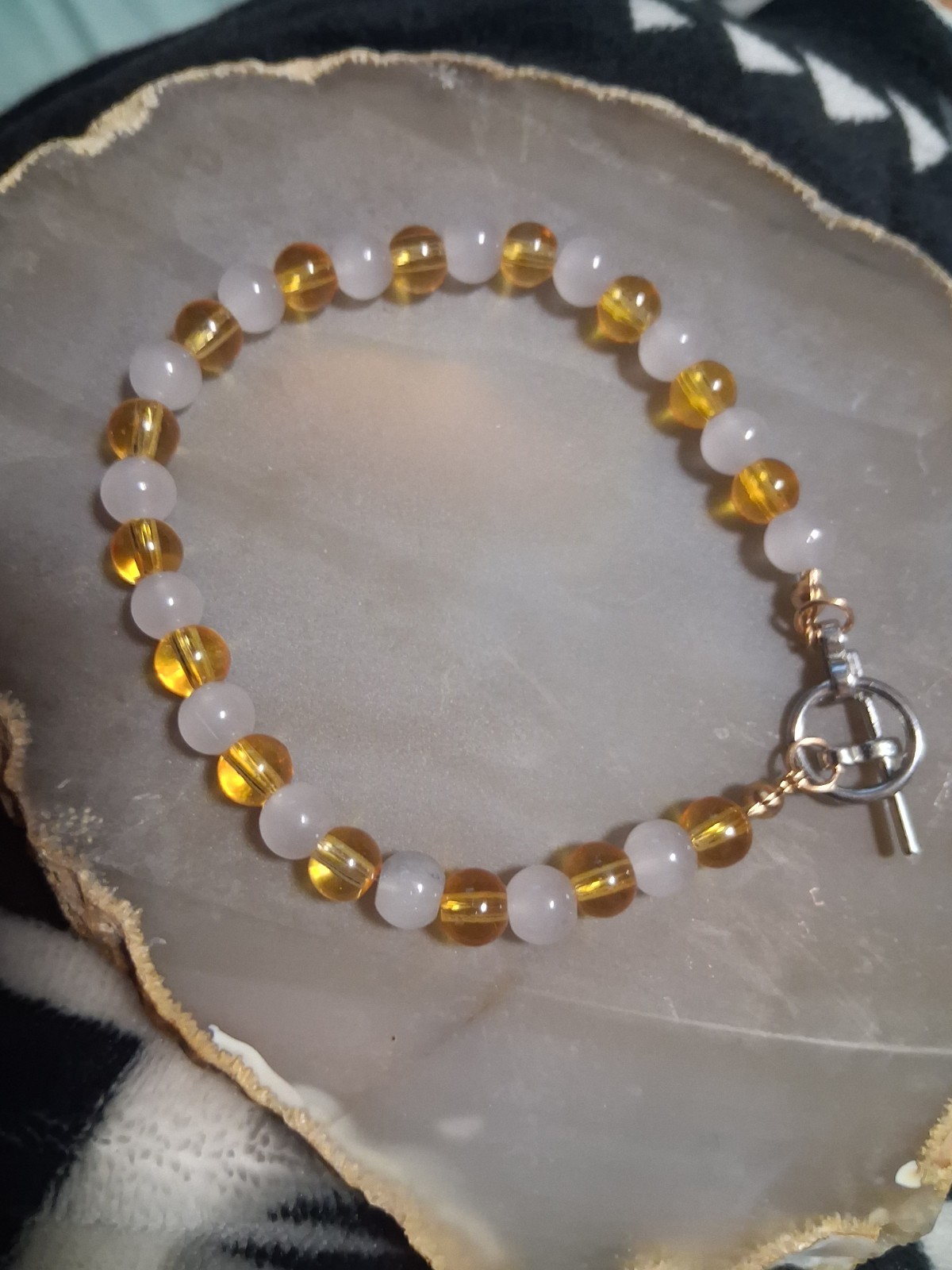 Citrine Inspired Yellow-orange and Off-white Glass Bead Stretch Bracelet 7″