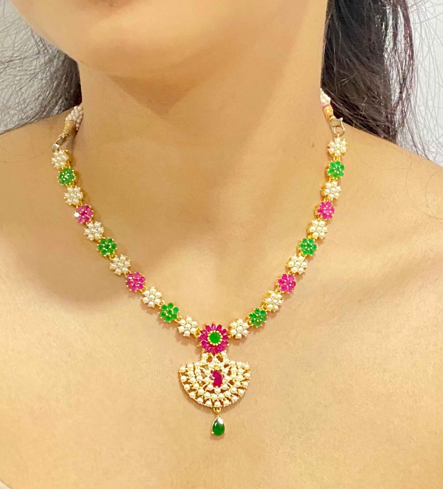 Colorful Floral Pearl Necklace | Ruby Emerald Green Gold Plated Indian Necklace