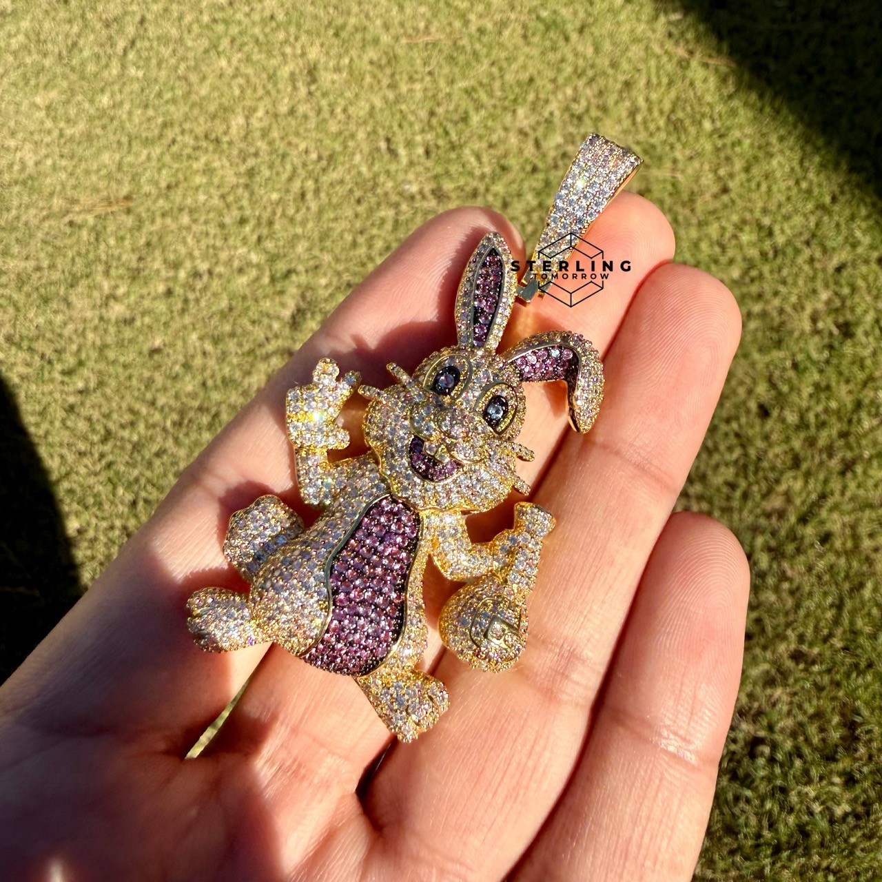 Iced Out Easter Bunny Pendant Purple CZ Gold Hip Hop Rabbit w/ Rope Chain