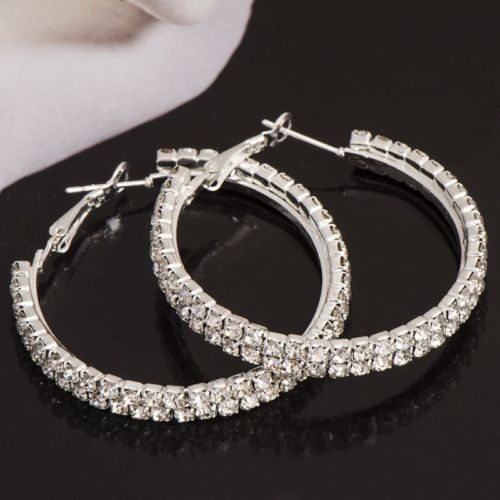 Pretty New White Gold Plated Silver Double Row Crystal Round 45mm Hoop Earrings
