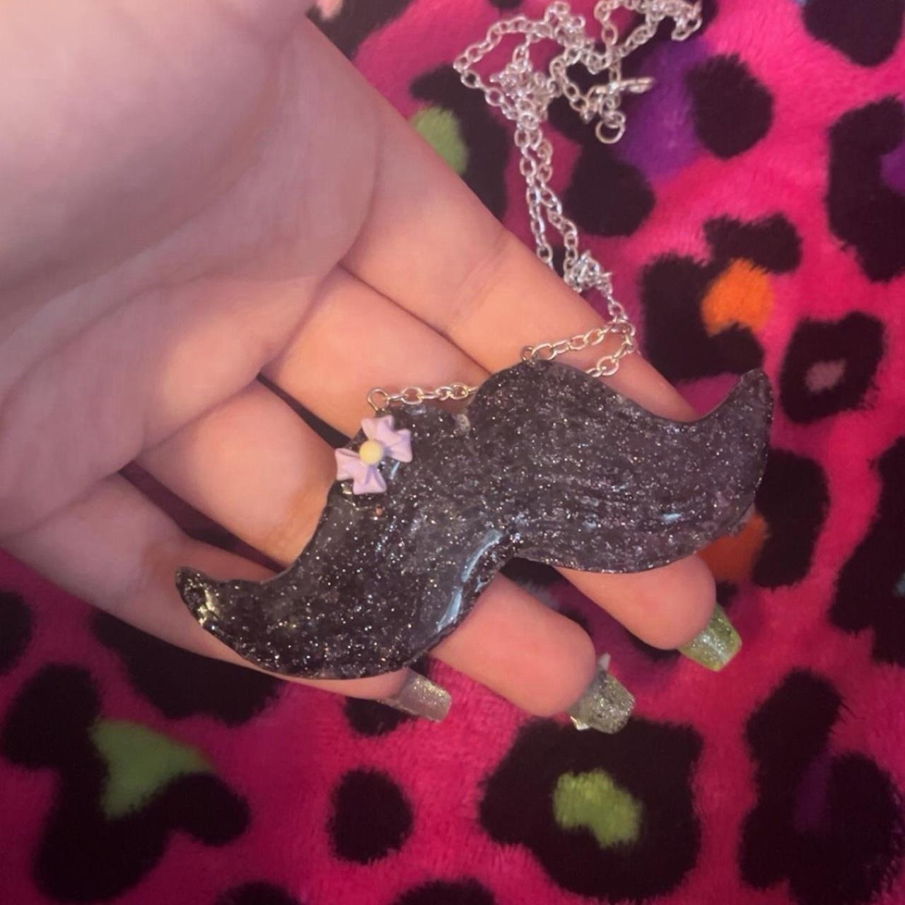 Handmade black glittery mustache necklace with bow