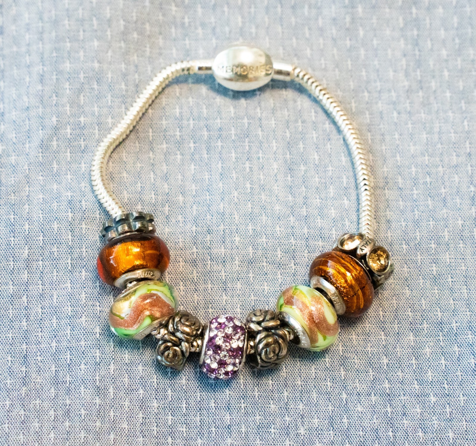 MA Charm Bracelet 925 Silver Murano Glass Beads 7.5” 32.8g Michael Anthony Italy