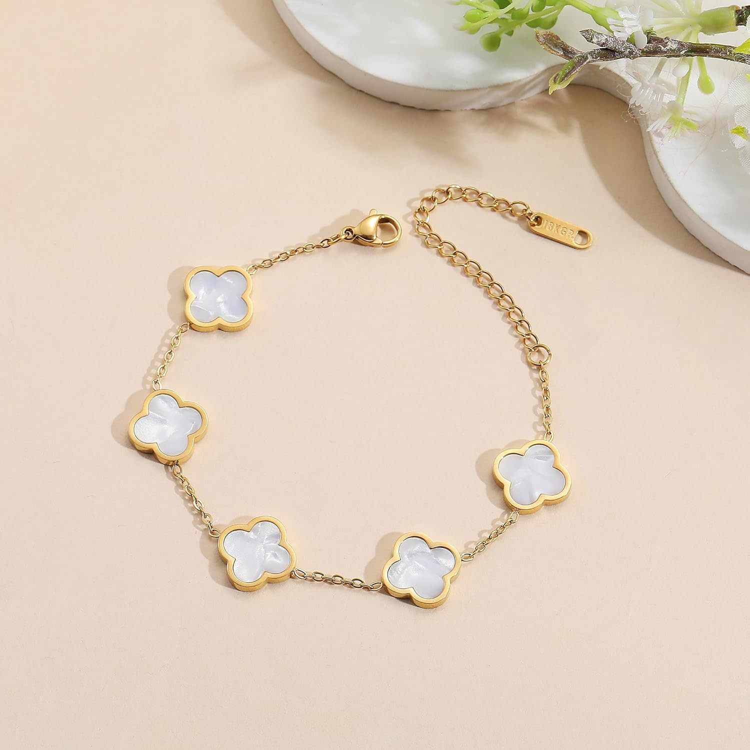 18K Gold Plated Clover Lucky Bracelet for Women White/Black/Red/Green Flower Fou