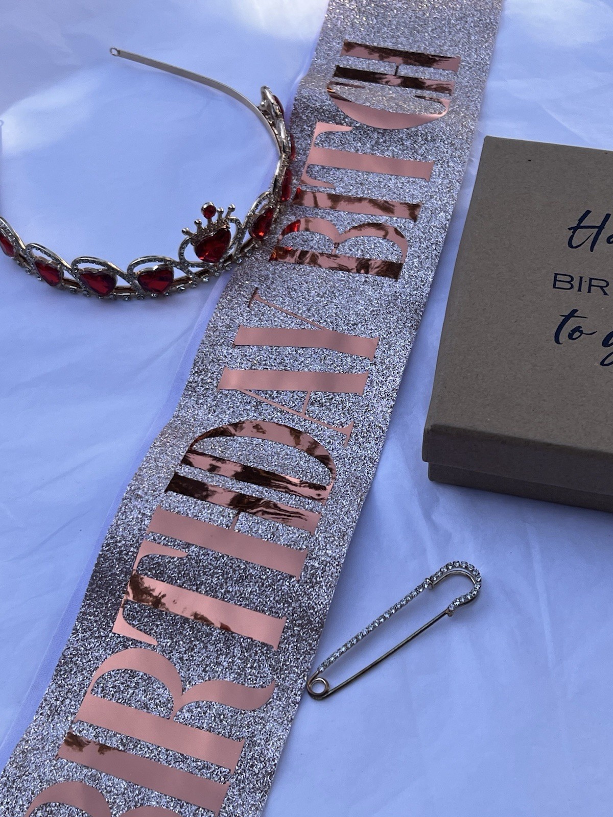 Birthday Bitch Party Set Tiara Sash & Rhinestone Pin Rose Gold Red Hearts