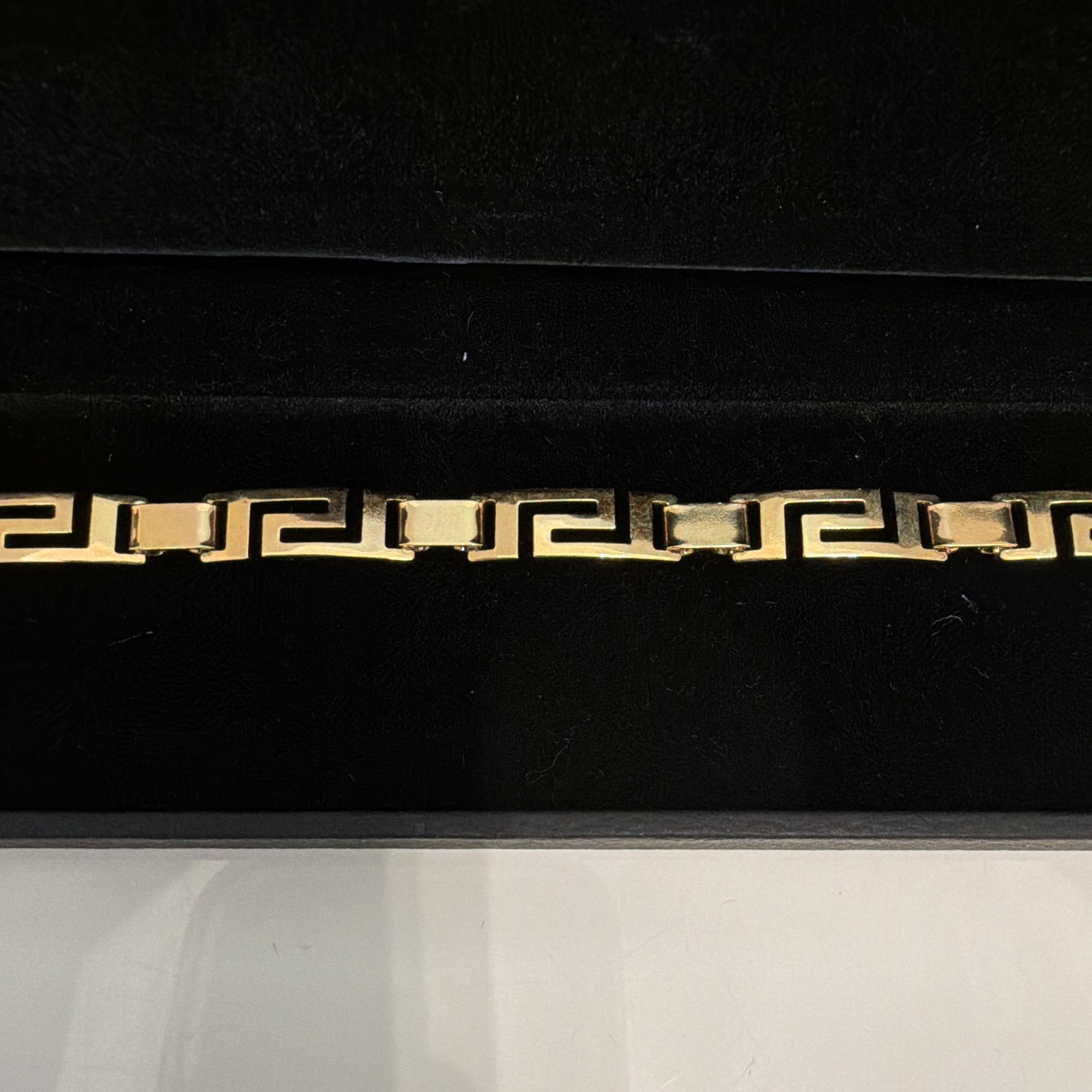 Gold Tone Greek Key Link Chain Bracelet, Fold Over Clasp, Metal, 8 in