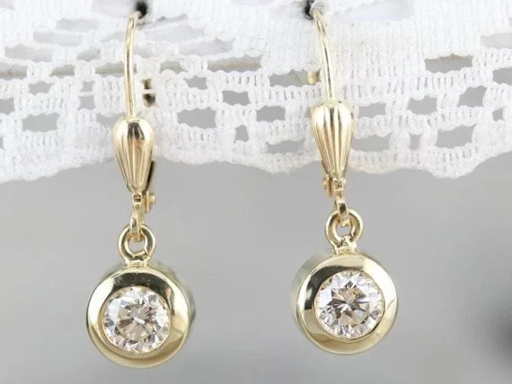 1CT Round Cut Simulated Diamond Bezel Drop Dangle Earring 14K Yellow Gold Plated
