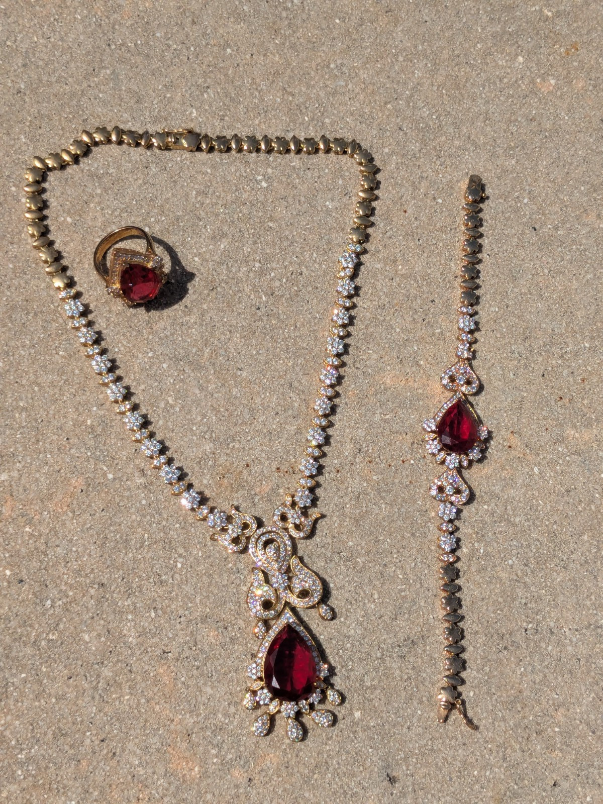 Imitation Ruby & Rhinestones (or CZ) Necklace Bracelet And Ring (sz 8) Set LNWOT