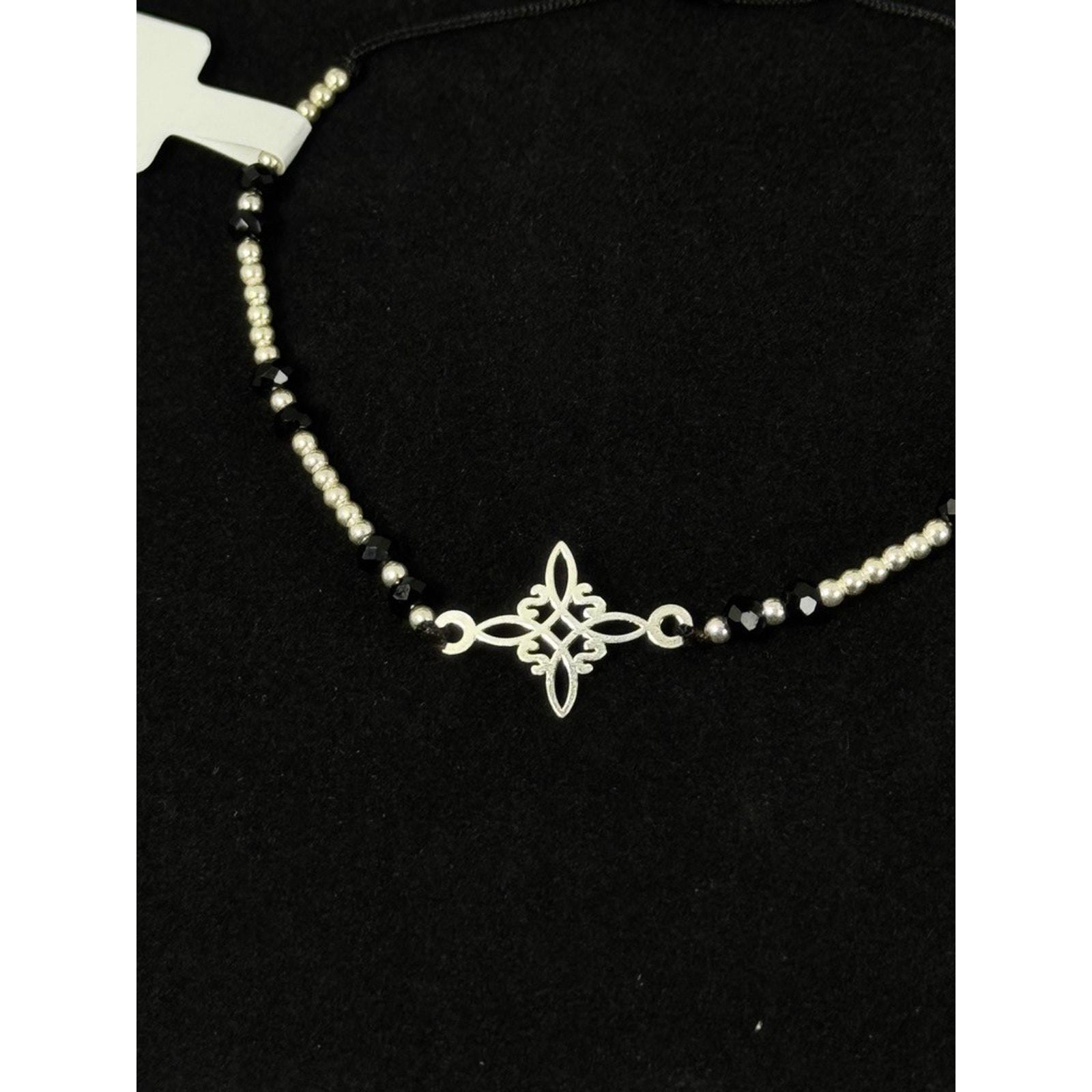 Celtic Knot Adjustable Cord Bracelet Silver Tone Beads Black Crystals Gothic