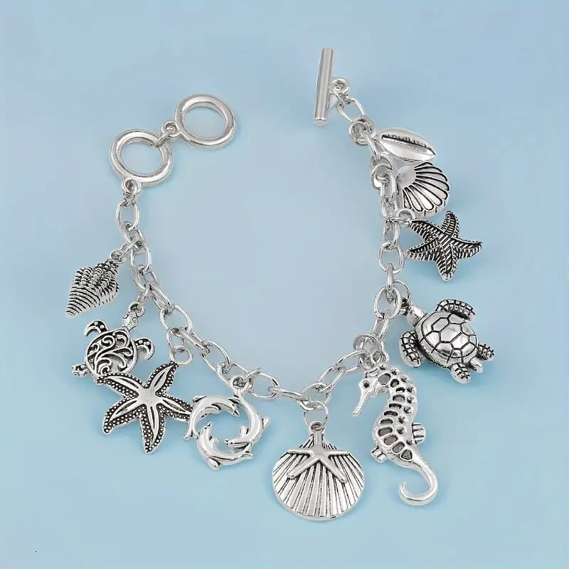 925 Sterling Silver Dolphin Starfish Sea Turtle Sea Horse Beads 7.5″ Bracelet