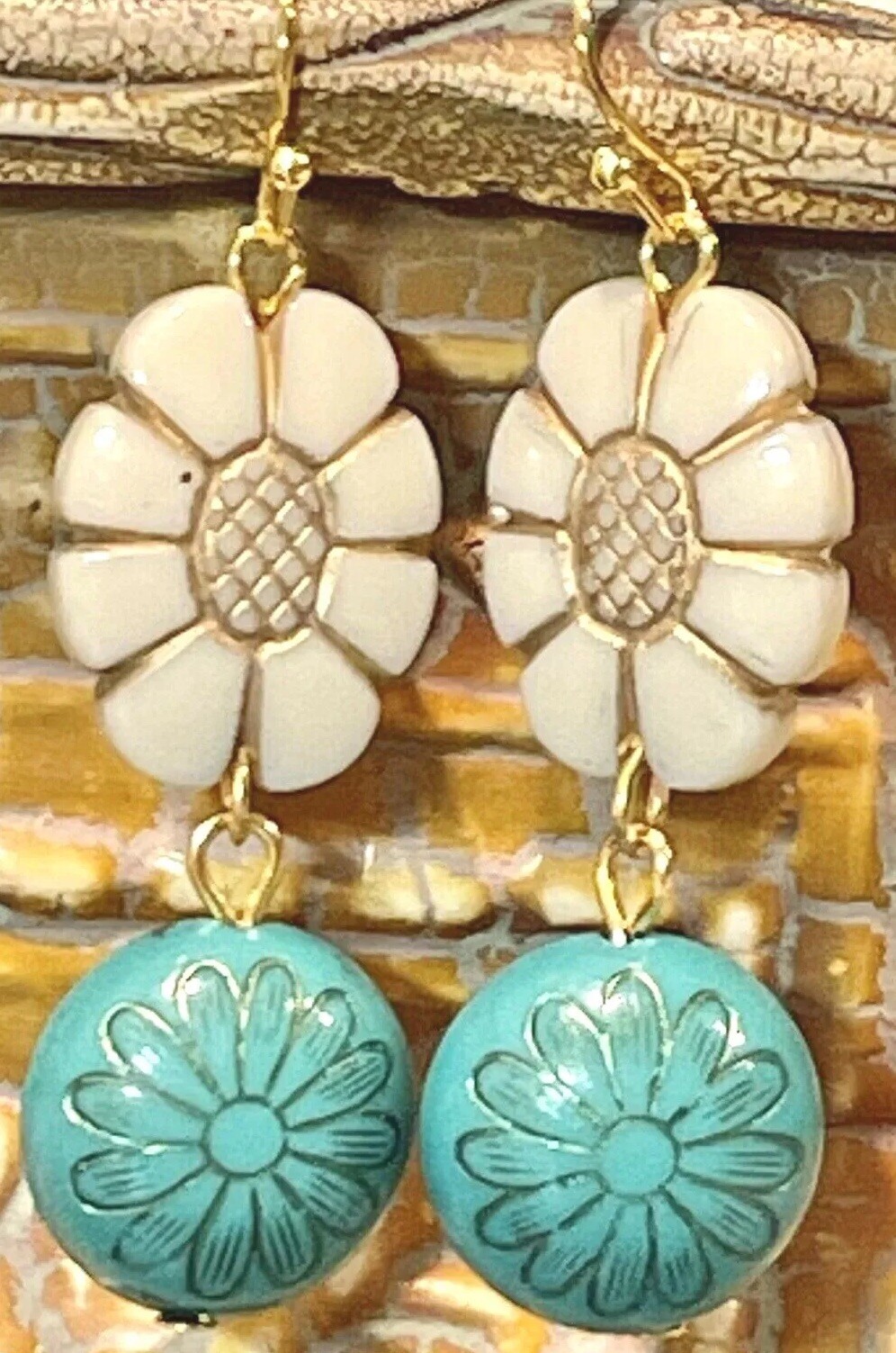 Etched Blue, Ivory and Gold Flower Bead Earrings