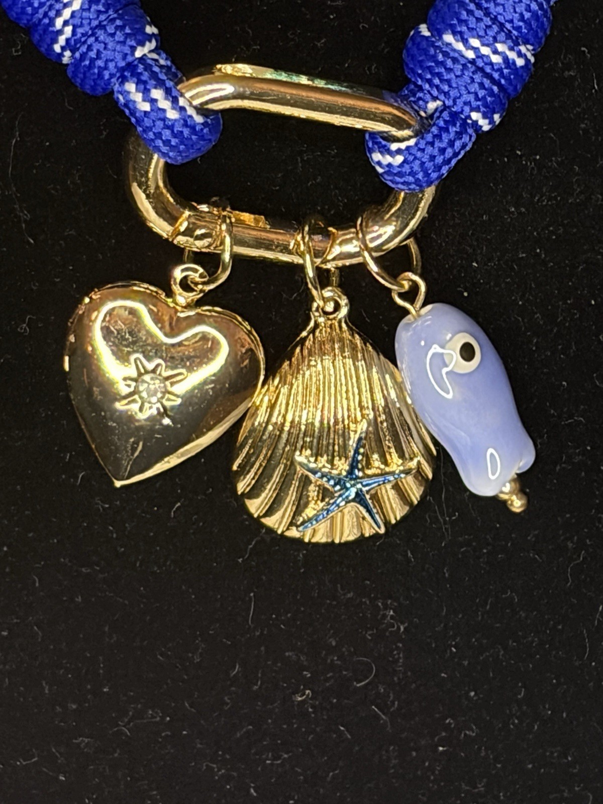 Blue Cord double Necklace w/ Gold Tone Beach Charms Heart Shell Starfish