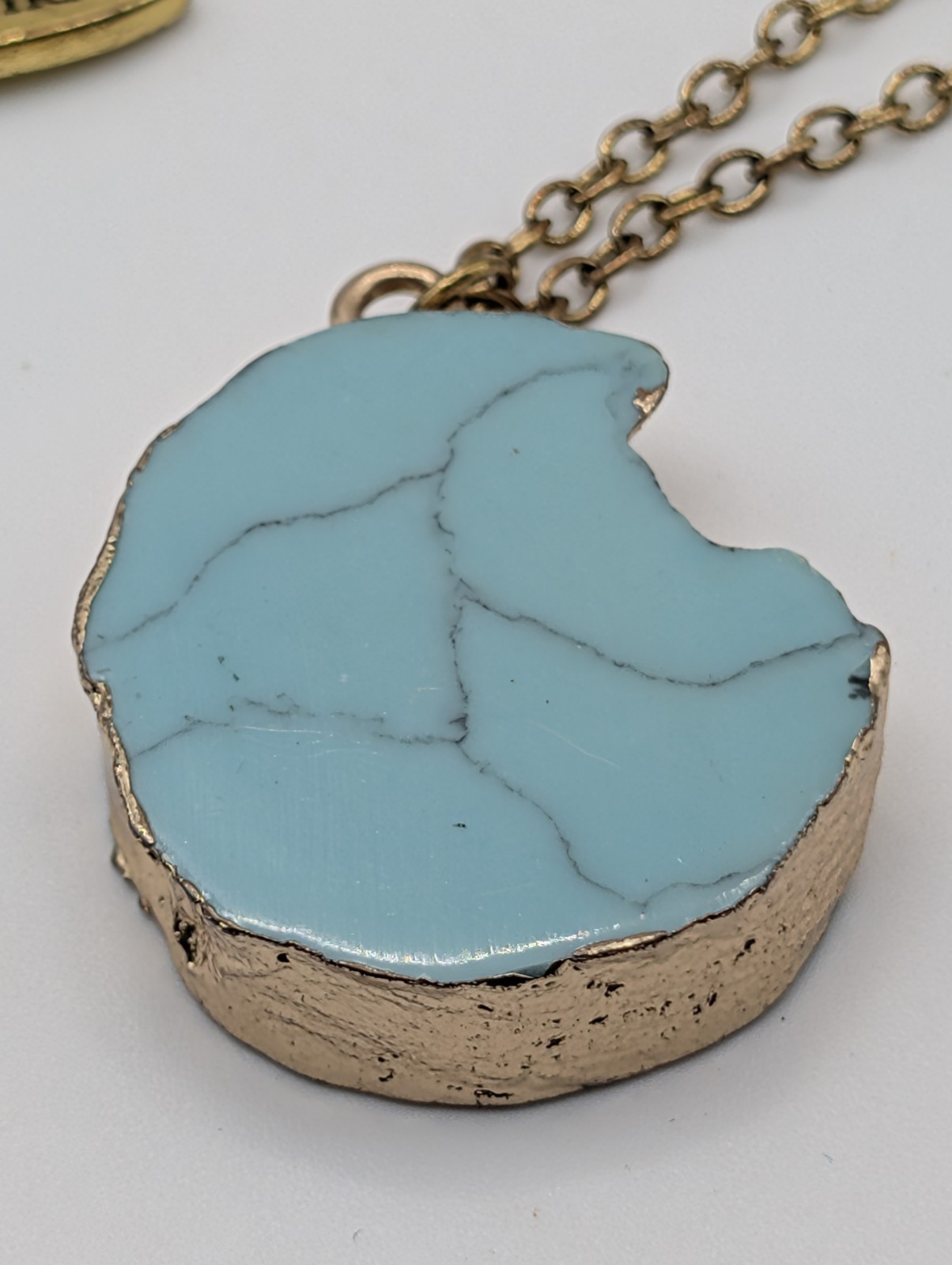 Plunder Design Faux Turquoise Pendant Necklace Gold Tone Long 34″ Boho Statement