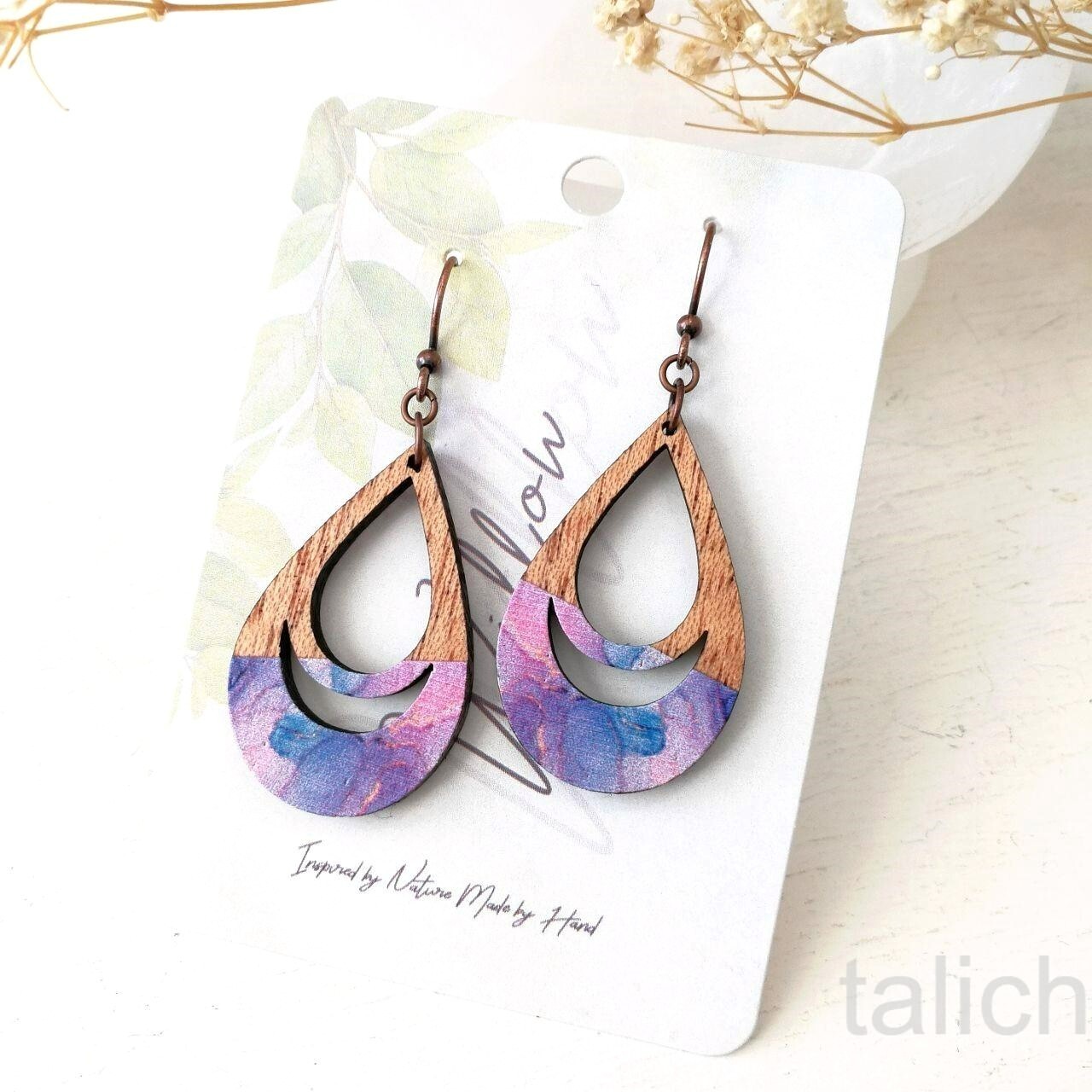 DC Designs Cutout Mahogany Wood Teardrop Earrings Pink Purple Art Print D43M
