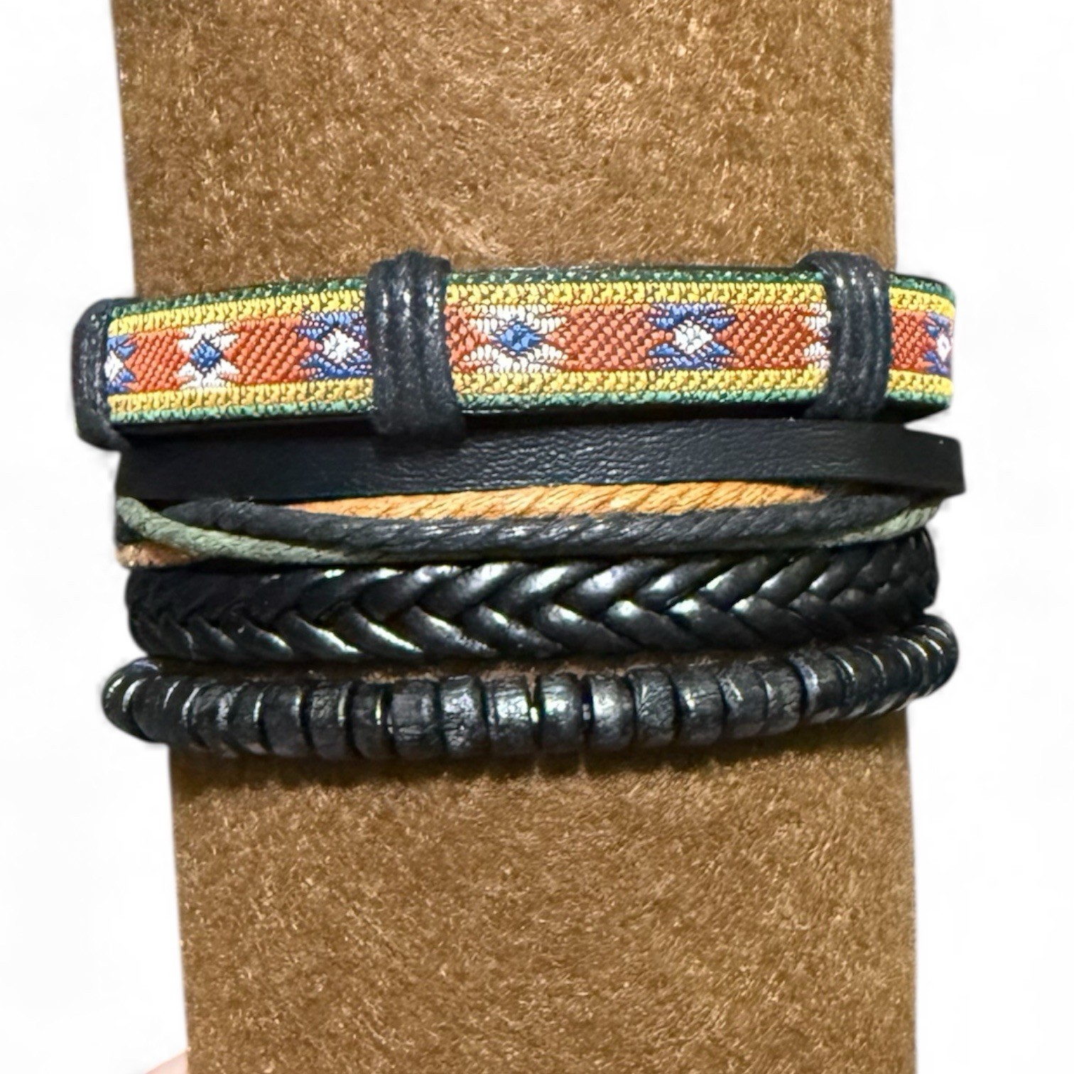 Boho Mixed Bracelet 4 Piece Set – Adjustable Stackable Black Multicolor