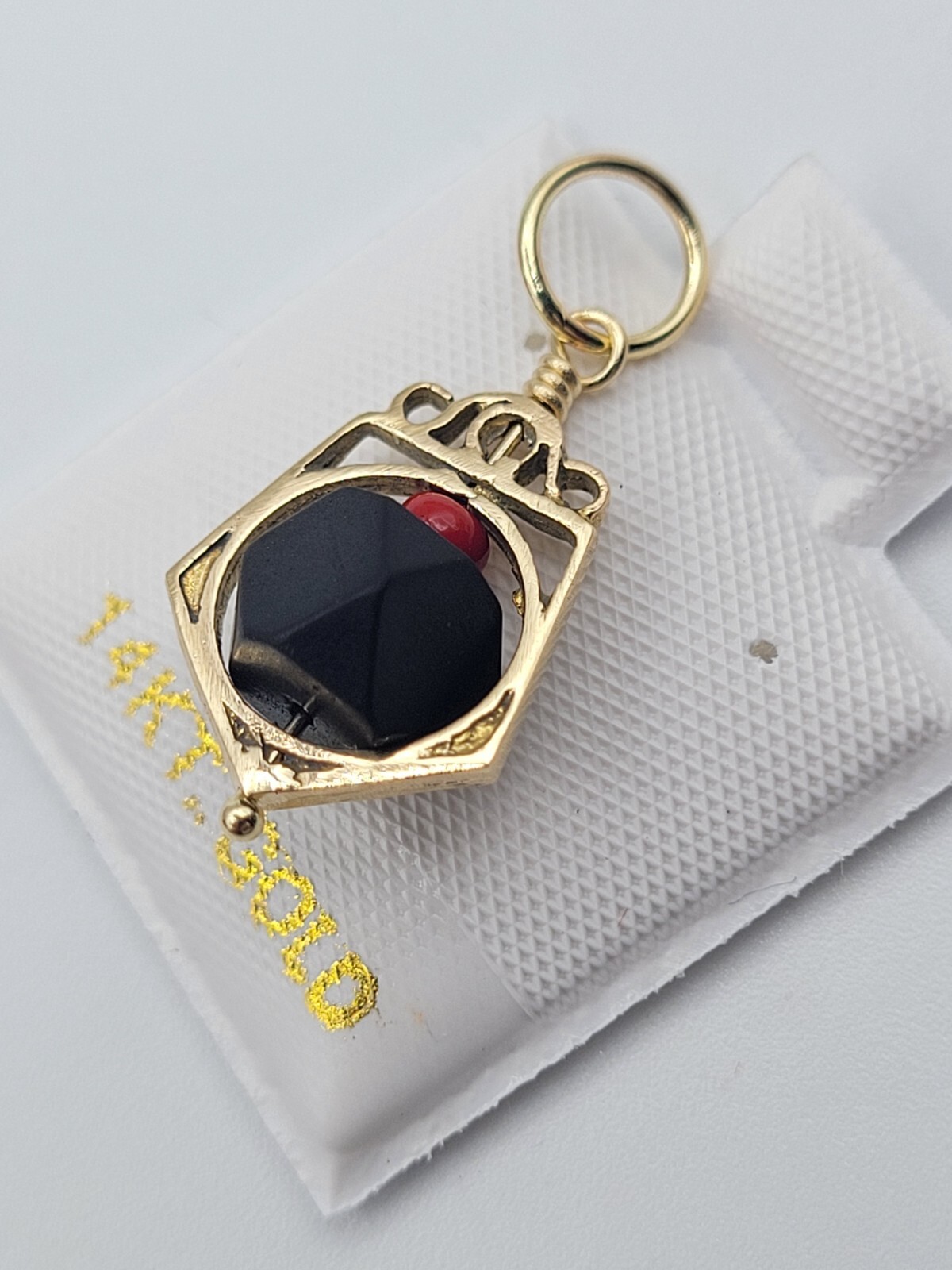 Vintage 14K Genuine Azabache Jet 6mm Bead Pentagon Shape Pendant