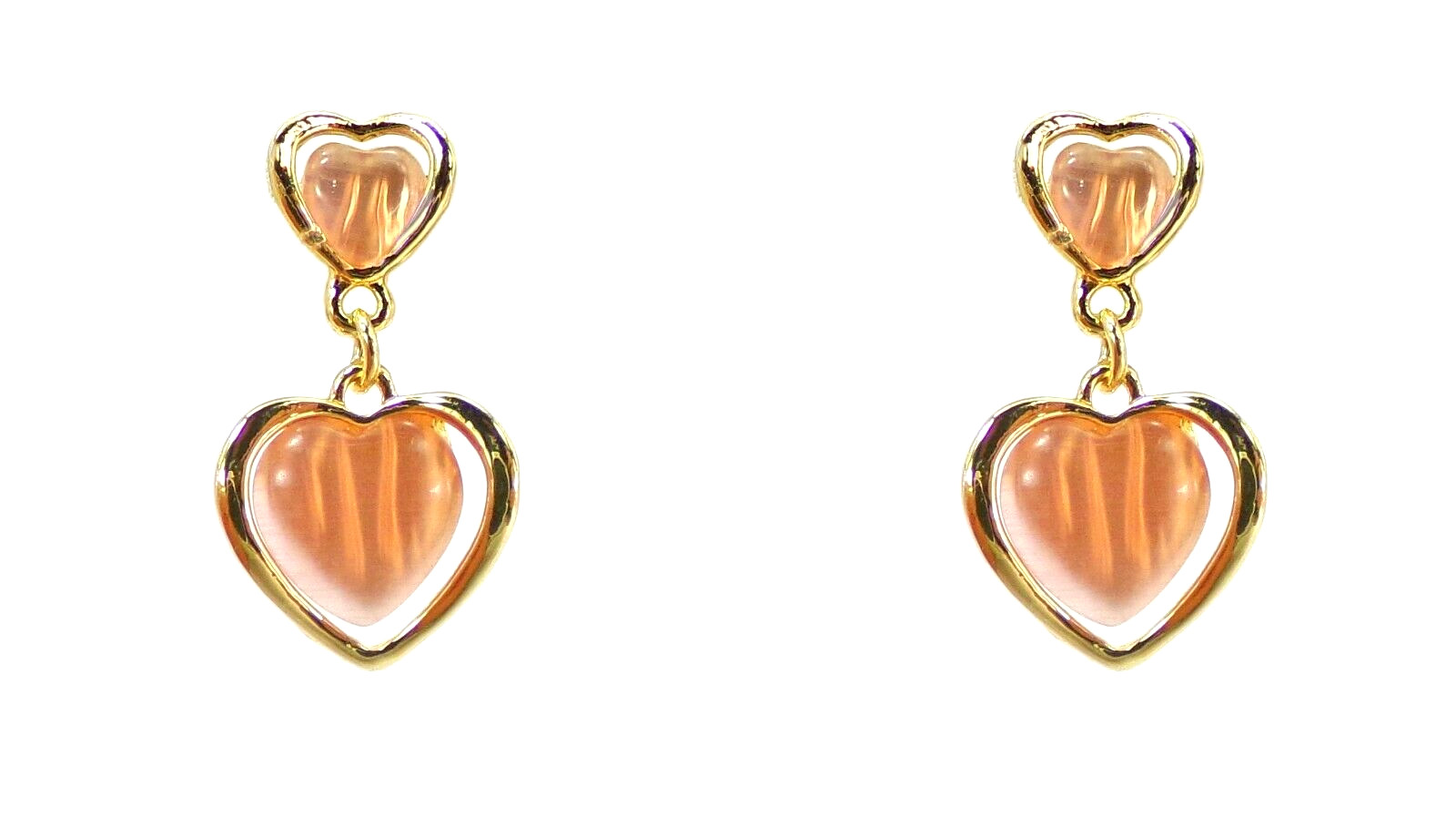 Pink heart earrings with double hearts and pink cat eye stones gold setting NEW