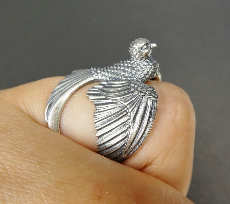 Unique 925 Sterling Silver Detailed Open Wing Bird Swallow Wrap Ring Adjustable