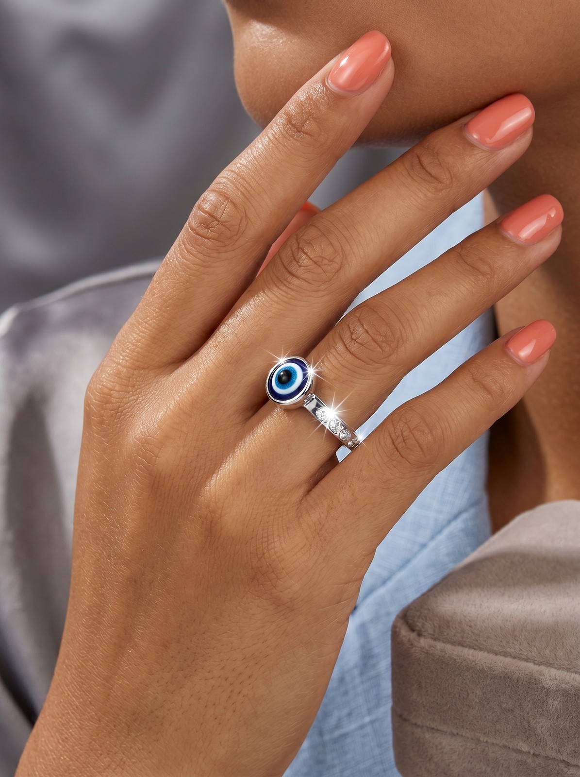Evil Eye Protection Ring – Silver-Tone Talisman Band with Blue Enamel & Crystals