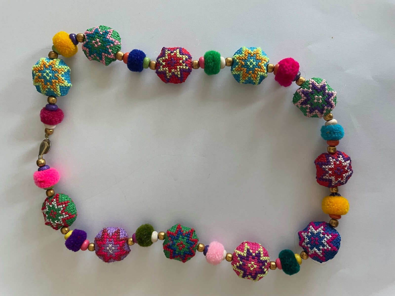Fabric beaded necklace with glass and metal separators, 16″