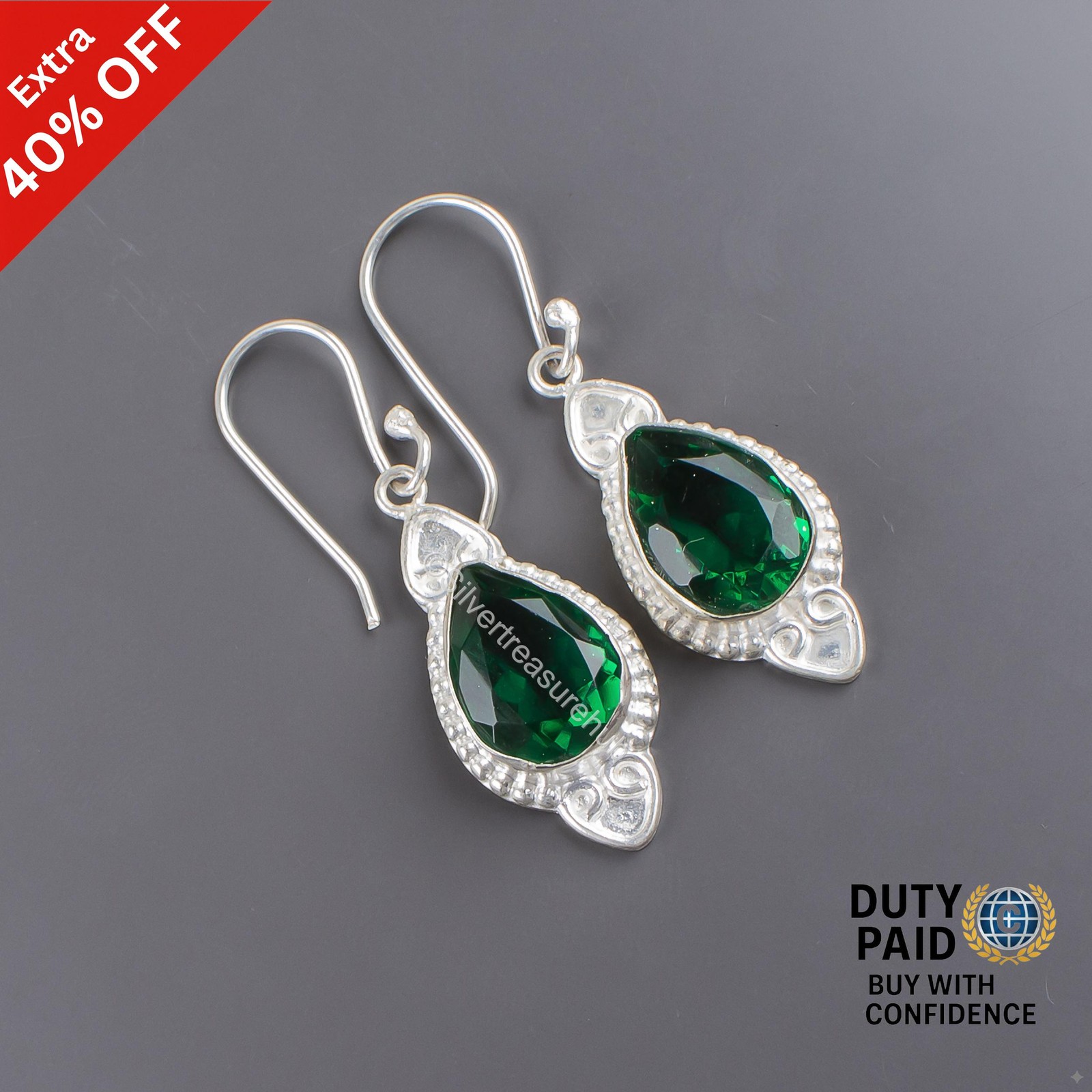 Pear EMERALD Gemstone 925 Silver May Wife Unique Trendy Dangle Art Deco Earrings