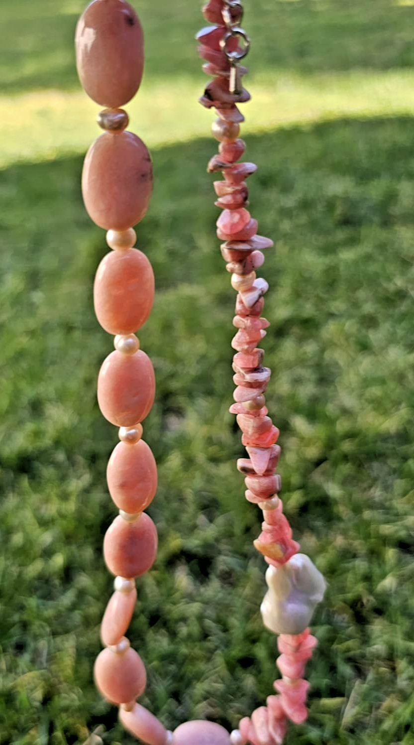 Baroque Pearl, Rose Opal, and Rhodochrosite Beaded Necklace, 20.5 in