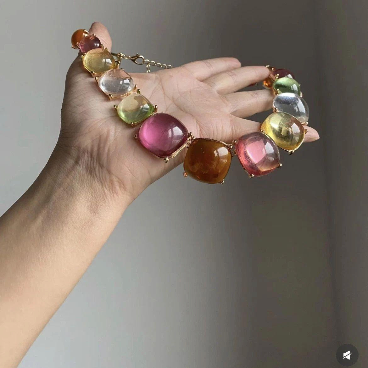 Gold Tone Multi-Color Candy Cabochon Statement Necklace