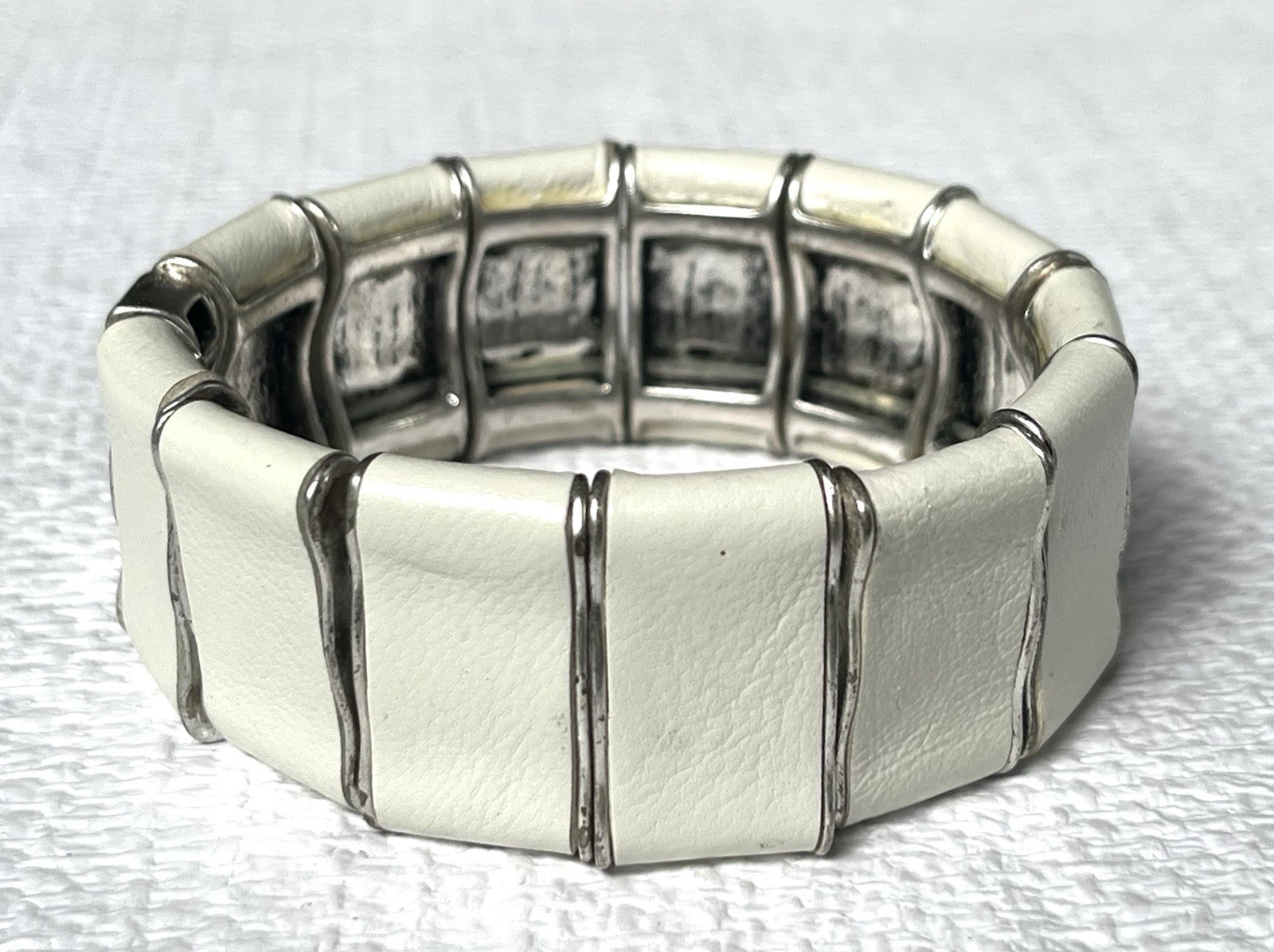 Link Cuff Bracelet Scandinavian White Leather Wrapped Links, Stretch bud to rose