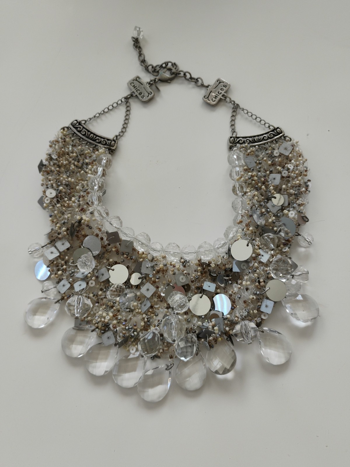 Chico’s Statement Collar Necklace – Silver, Clear & White Beads