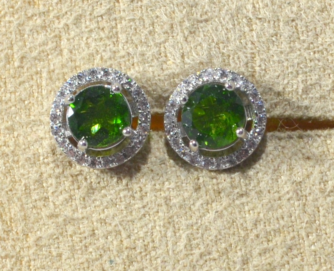 GREEN RUSSIAN CHROME DIOPSIDE – WHITE ZIRCON HALO – STUD EARRINGS-STERLING SILV