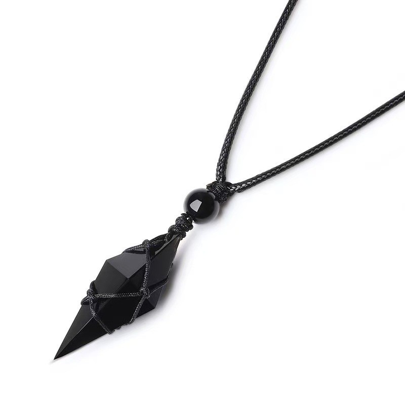 Natural black obsidian crystal rhombus necklace pendant Healing Reiki chain