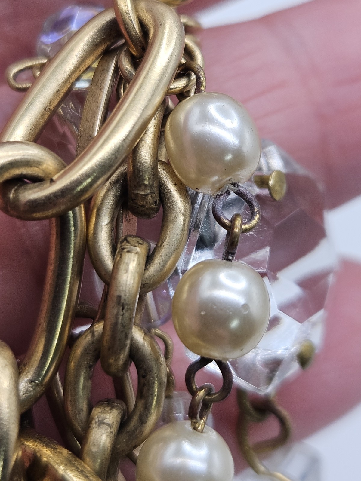 John Wind Chunky Charm Bracelet Multi Strand Faux Pearl Clear Crystal Art Glass